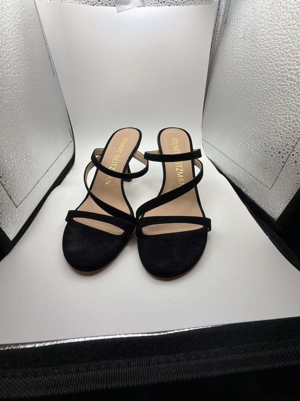 Stuart Weitzman Black Suede Strappy Kitten Heel Sandals Size 8